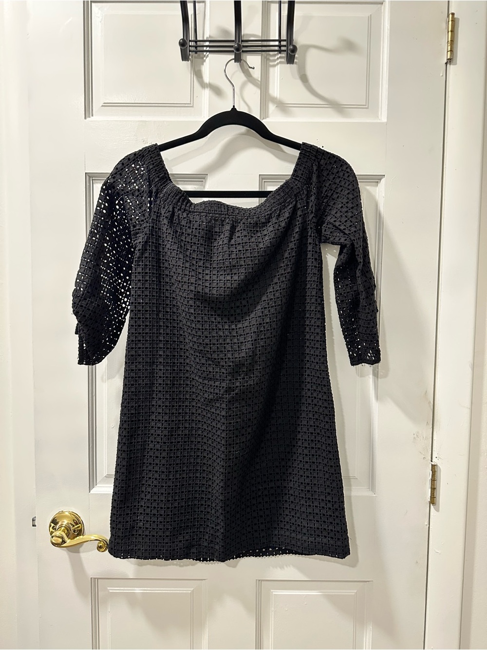 STATE Black Crochet Off-Shoulder Long Sleeve Dress